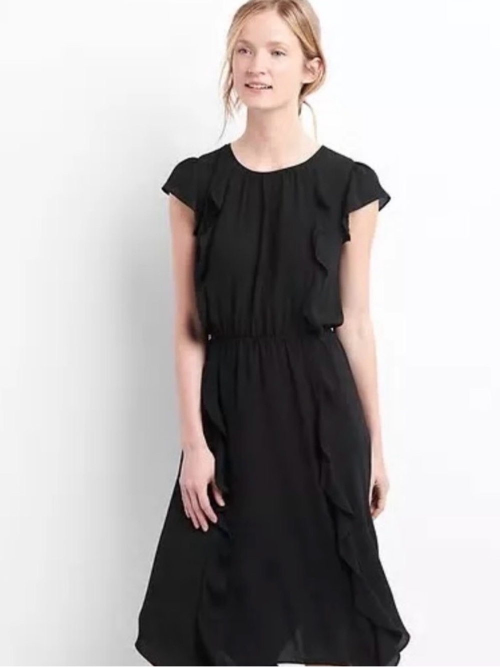 Gap black ruffle midi dress Size M Handkerchief hem Whimsigoth Flowy Classic